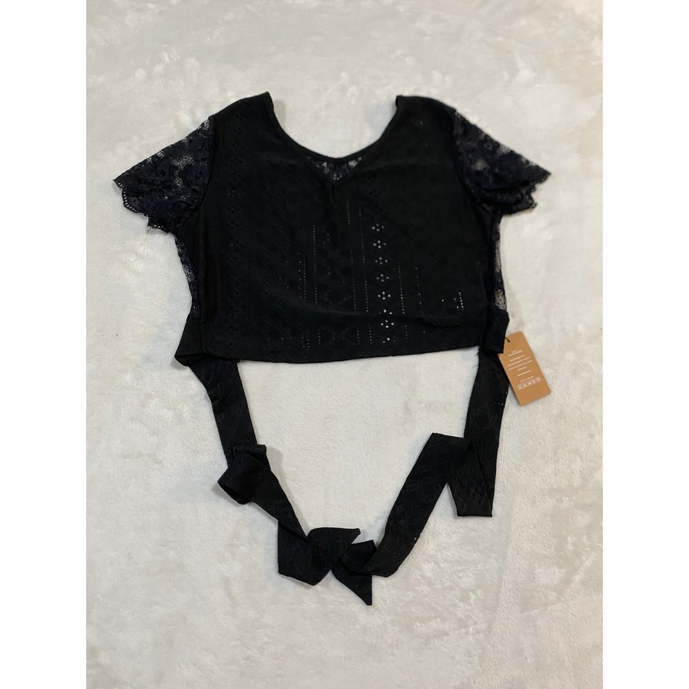 Shein Frenchy Black Lace Crop Top Short Sleeve Tie Back Eyelet Size 6 Medium
